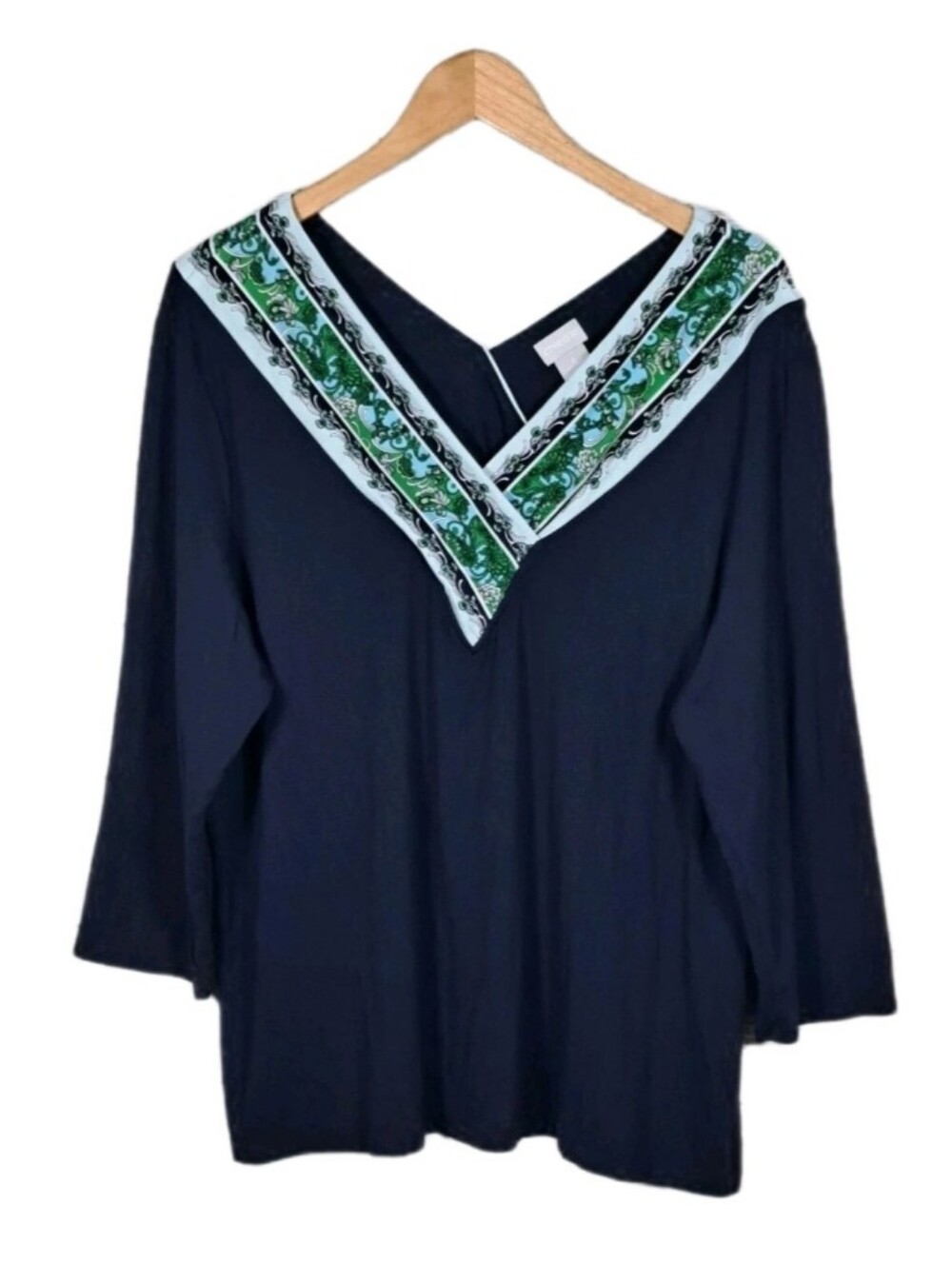 Chico’s Size 3 Navy Deep V Neck Blue Abstract Jersey Knit Blouse Top Chicos L XL